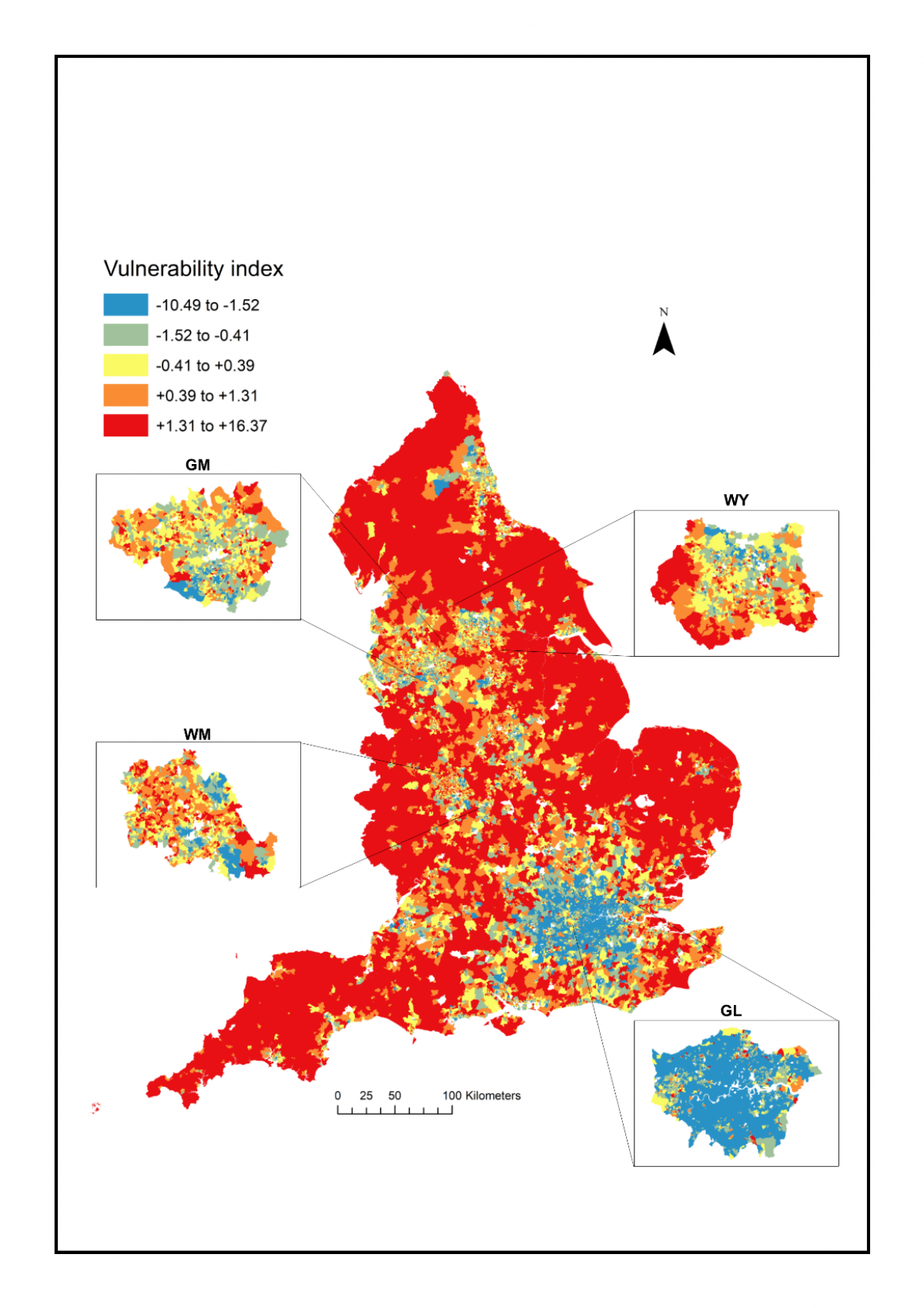 Map of variations in the composite indicator of vulnerability to fuel price increases in England