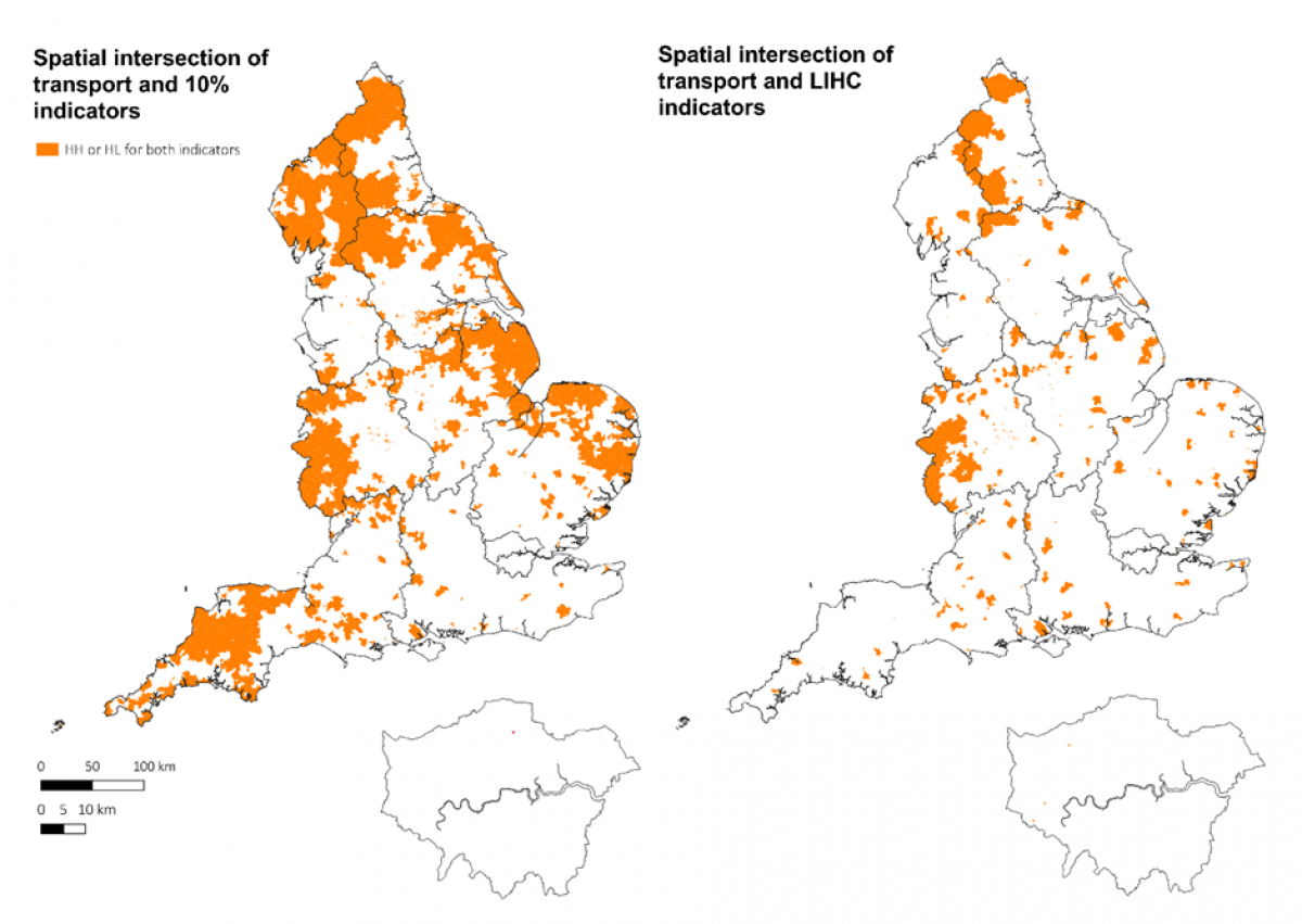 Maps of intersections between domestic and transport energy poverty in England by lower Super Output Areas
